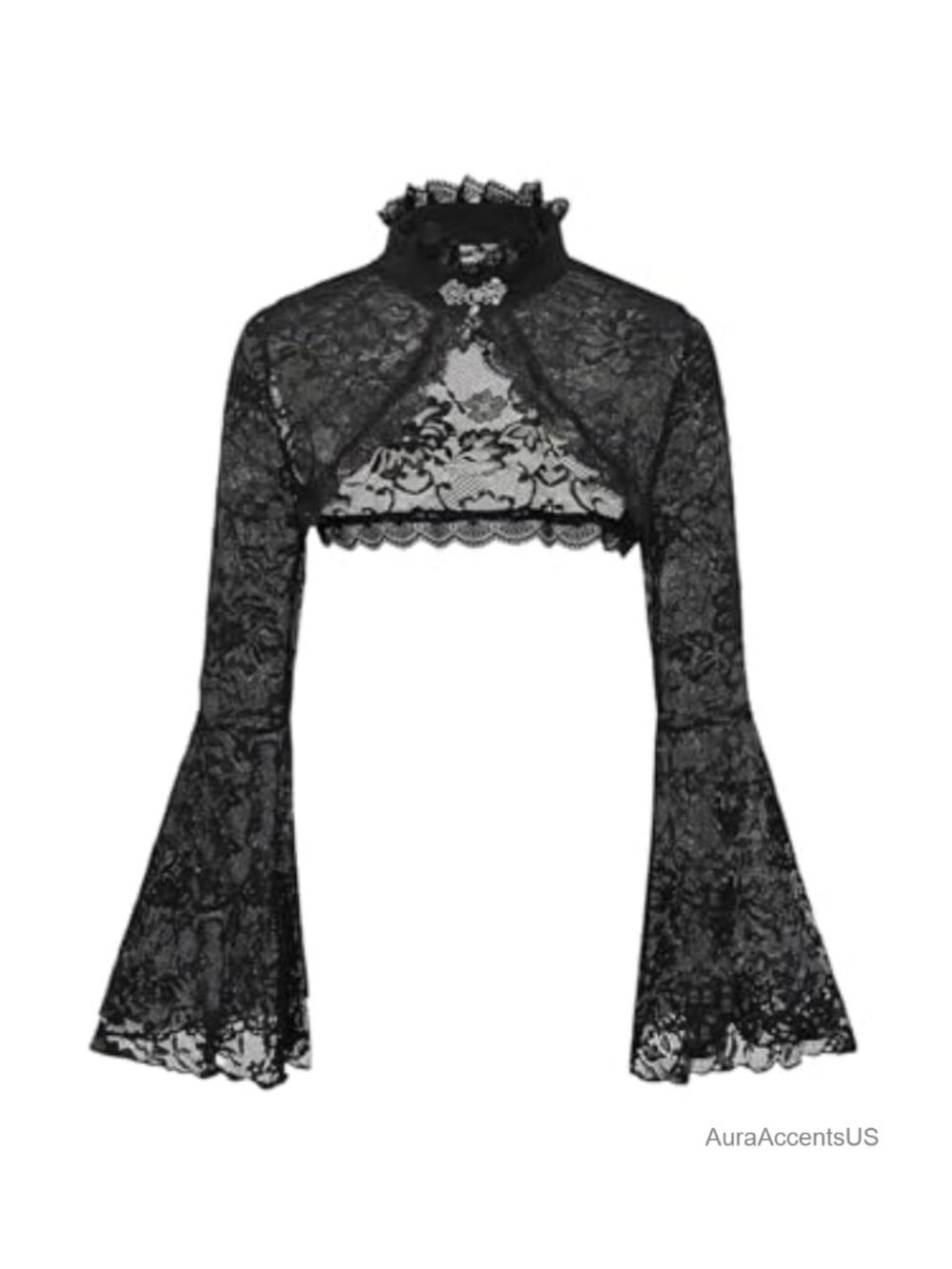 Women's Plus Lace Crop Top Long Bell Sleeve Shrug Sheer Mesh Goth